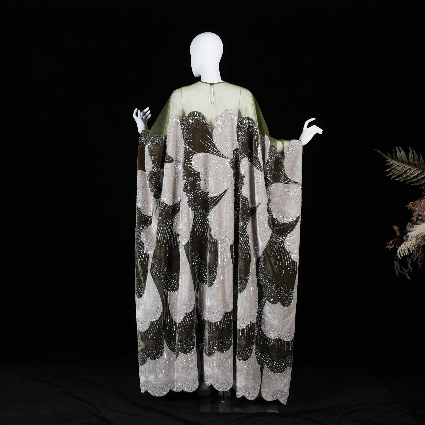Luxurious Olive Green Velvet Beaded Kaftan Dress Sequined Petal Pattern Evening Abaya Maxi Gown SS669 Sheer Fairy