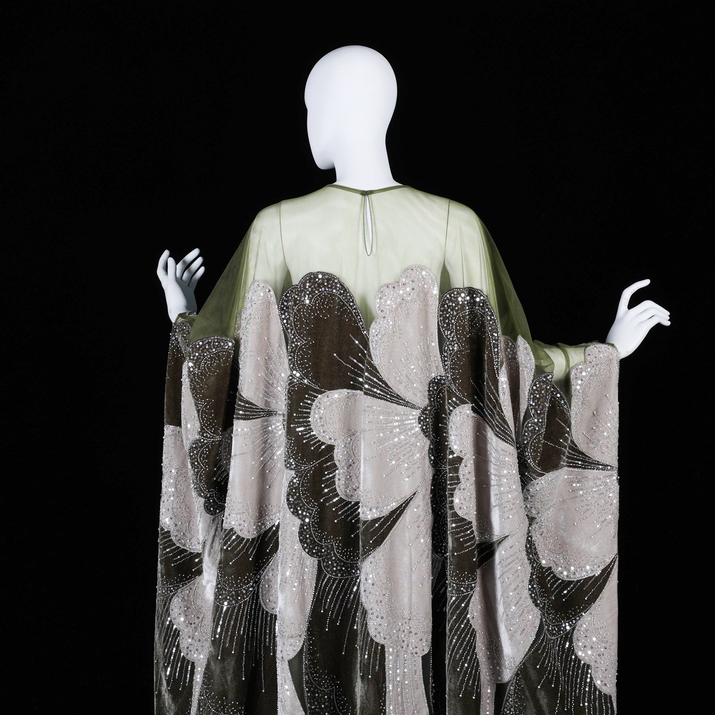 Luxurious Olive Green Velvet Beaded Kaftan Dress Sequined Petal Pattern Evening Abaya Maxi Gown SS669 Sheer Fairy