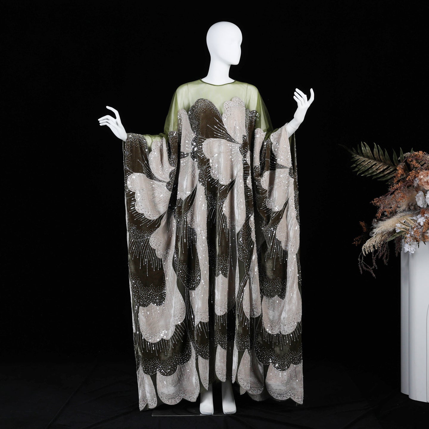 Luxurious Olive Green Velvet Beaded Kaftan Dress Sequined Petal Pattern Evening Abaya Maxi Gown SS669 Sheer Fairy