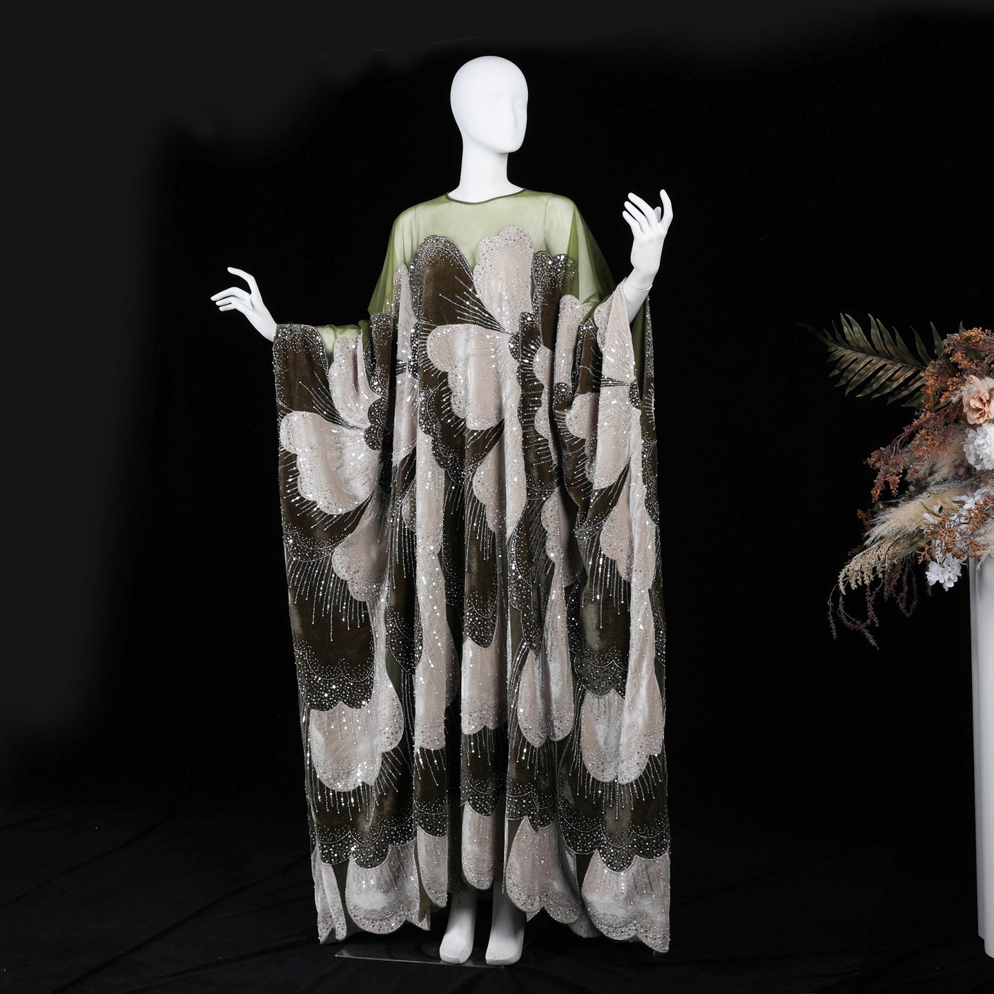 Luxurious Olive Green Velvet Beaded Kaftan Dress Sequined Petal Pattern Evening Abaya Maxi Gown SS669 Sheer Fairy