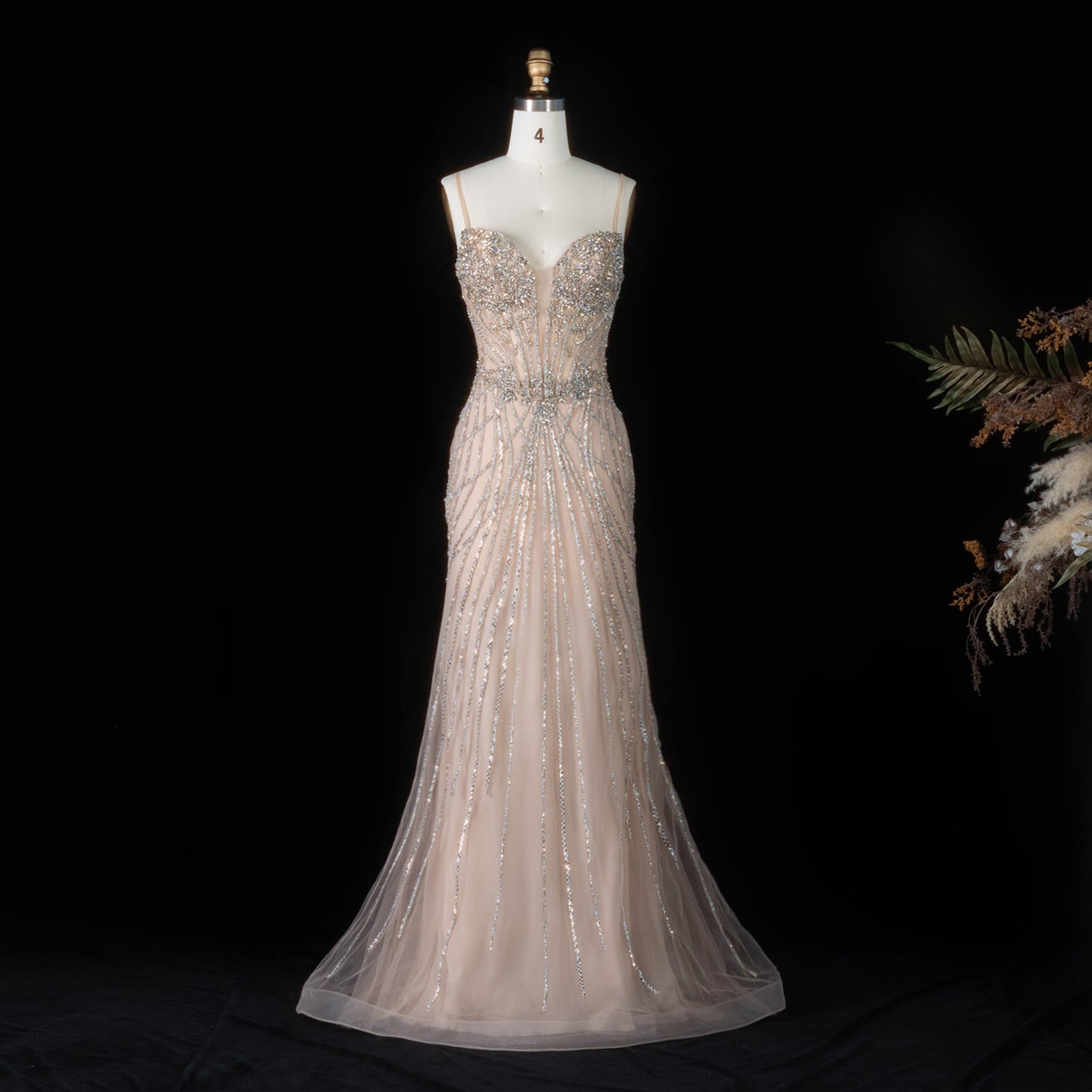 Romantic Champagne Spaghetti Strap All Over Stream Crystal Prom Dress SH194 Sheer Fairy