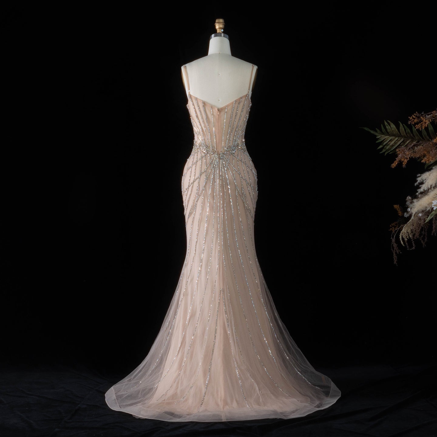 Romantic Champagne Spaghetti Strap All Over Stream Crystal Prom Dress SH194 Sheer Fairy