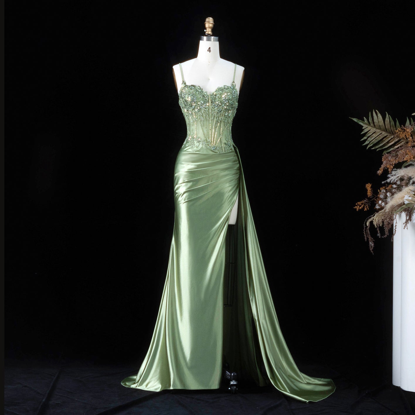 Glamorous Mint Green Beaded Floral Mesh Lace Up Back Train Prom Dress SH197 Sheer Fairy