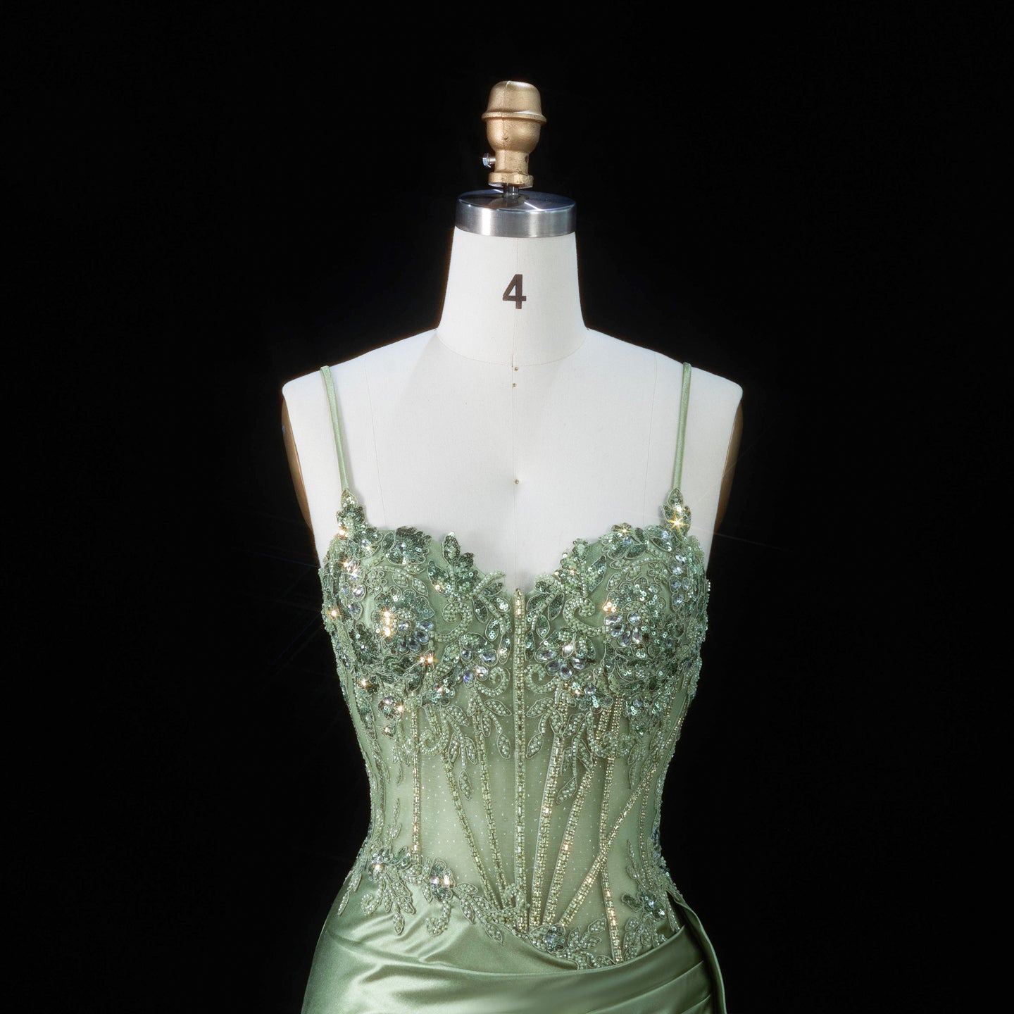 Glamorous Mint Green Beaded Floral Mesh Lace Up Back Train Prom Dress SH197 Sheer Fairy