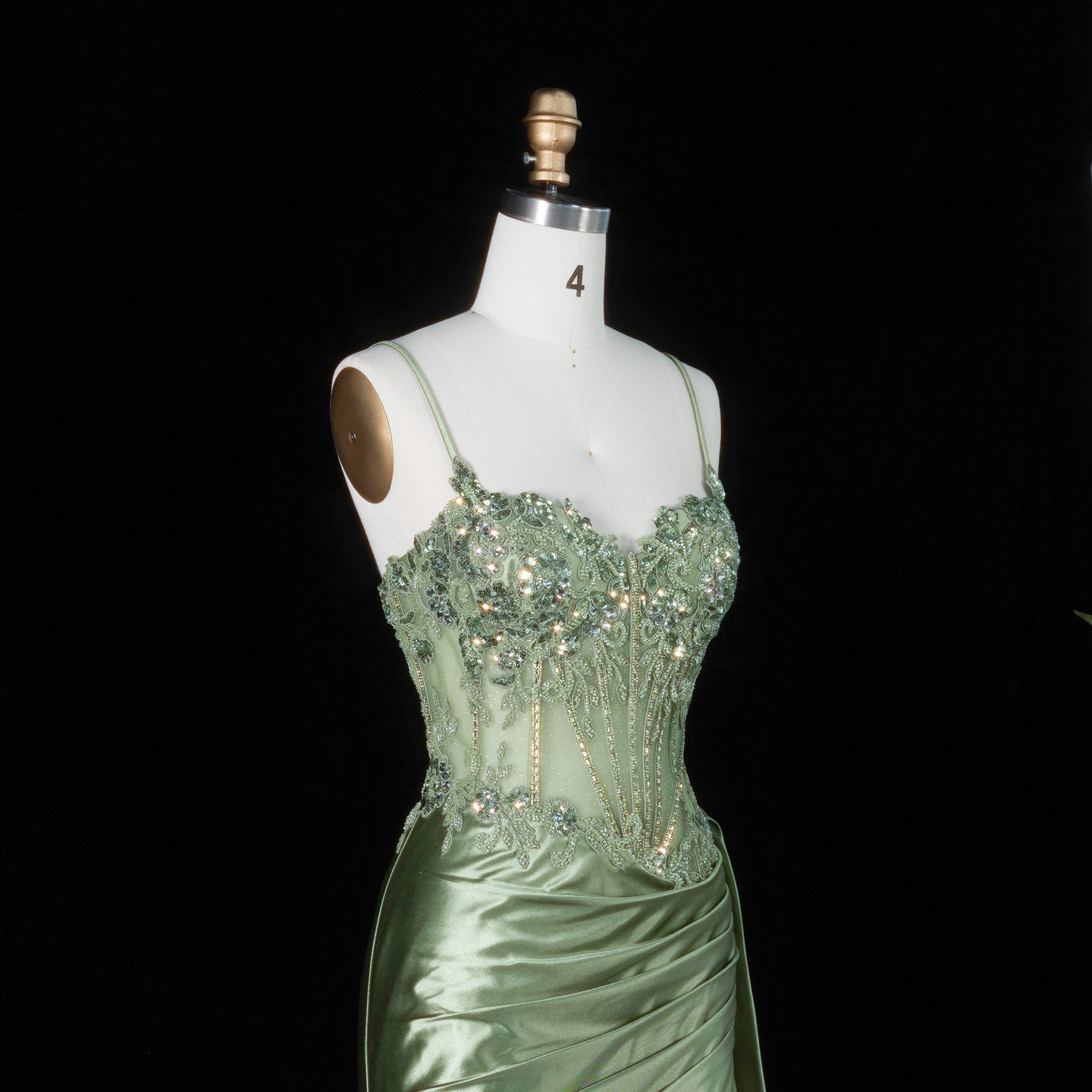 Glamorous Mint Green Beaded Floral Mesh Lace Up Back Train Prom Dress SH197 Sheer Fairy