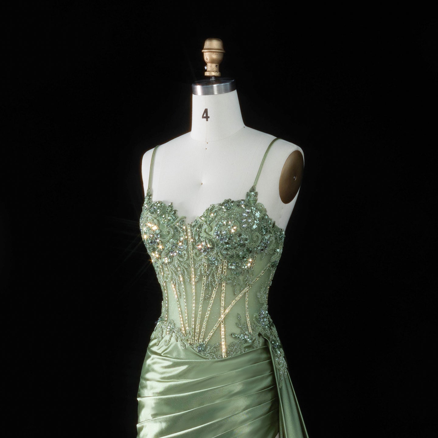 Glamorous Mint Green Beaded Floral Mesh Lace Up Back Train Prom Dress SH197 Sheer Fairy