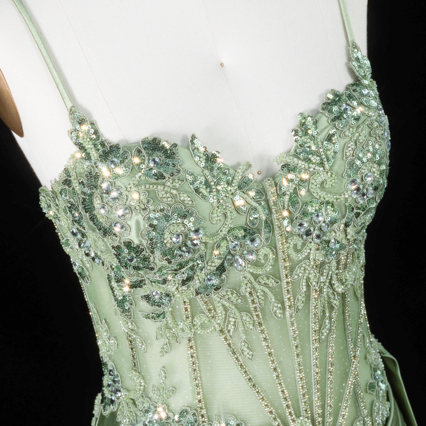 Glamorous Mint Green Beaded Floral Mesh Lace Up Back Train Prom Dress SH197 Sheer Fairy