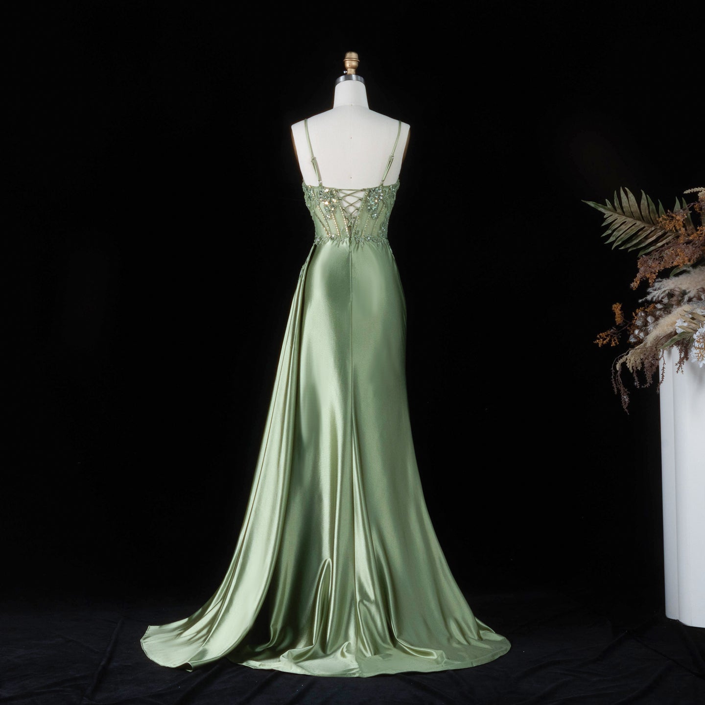 Glamorous Mint Green Beaded Floral Mesh Lace Up Back Train Prom Dress SH197 Sheer Fairy