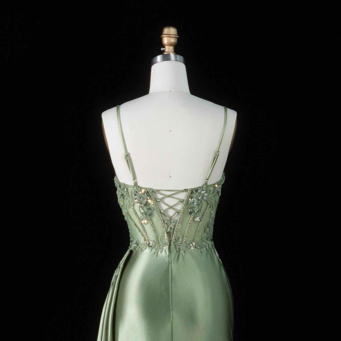 Glamorous Mint Green Beaded Floral Mesh Lace Up Back Train Prom Dress SH197 Sheer Fairy