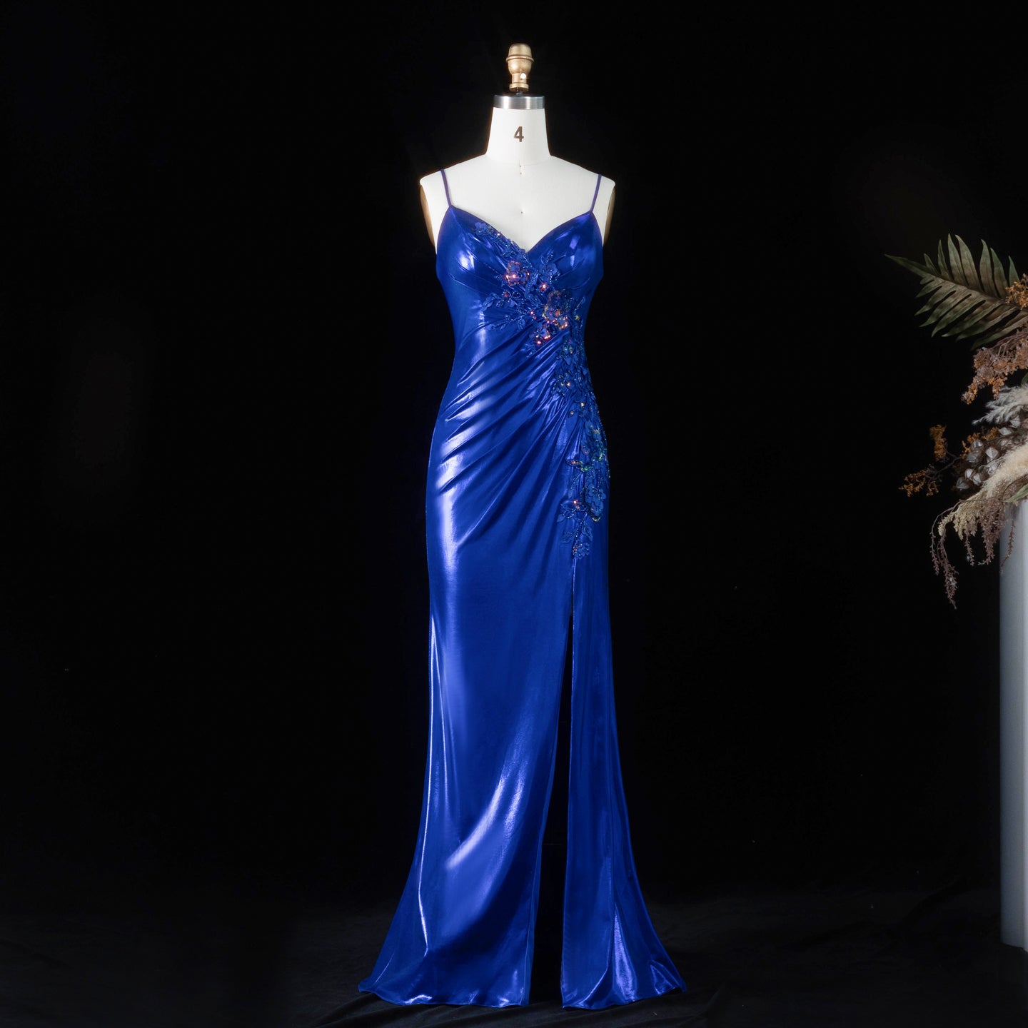 Glamorous Royal Blue Thin Spaghetti Strap Lace Up Back Ruched Train Prom Dress SH196 Sheer Fairy