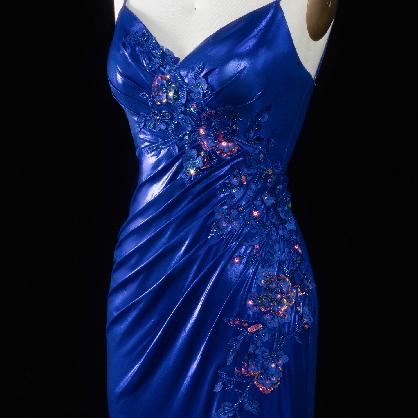 Glamorous Royal Blue Thin Spaghetti Strap Lace Up Back Ruched Train Prom Dress SH196 Sheer Fairy