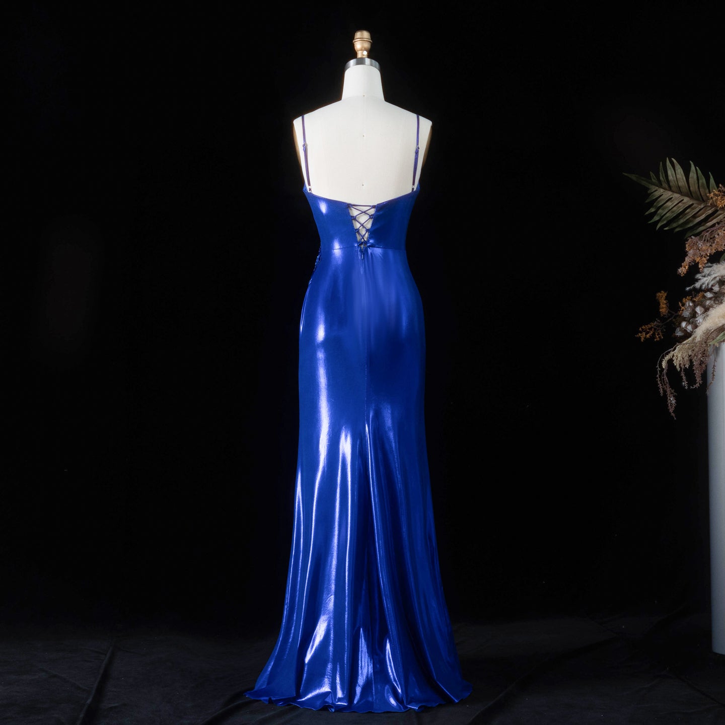 Glamorous Royal Blue Thin Spaghetti Strap Lace Up Back Ruched Train Prom Dress SH196 Sheer Fairy