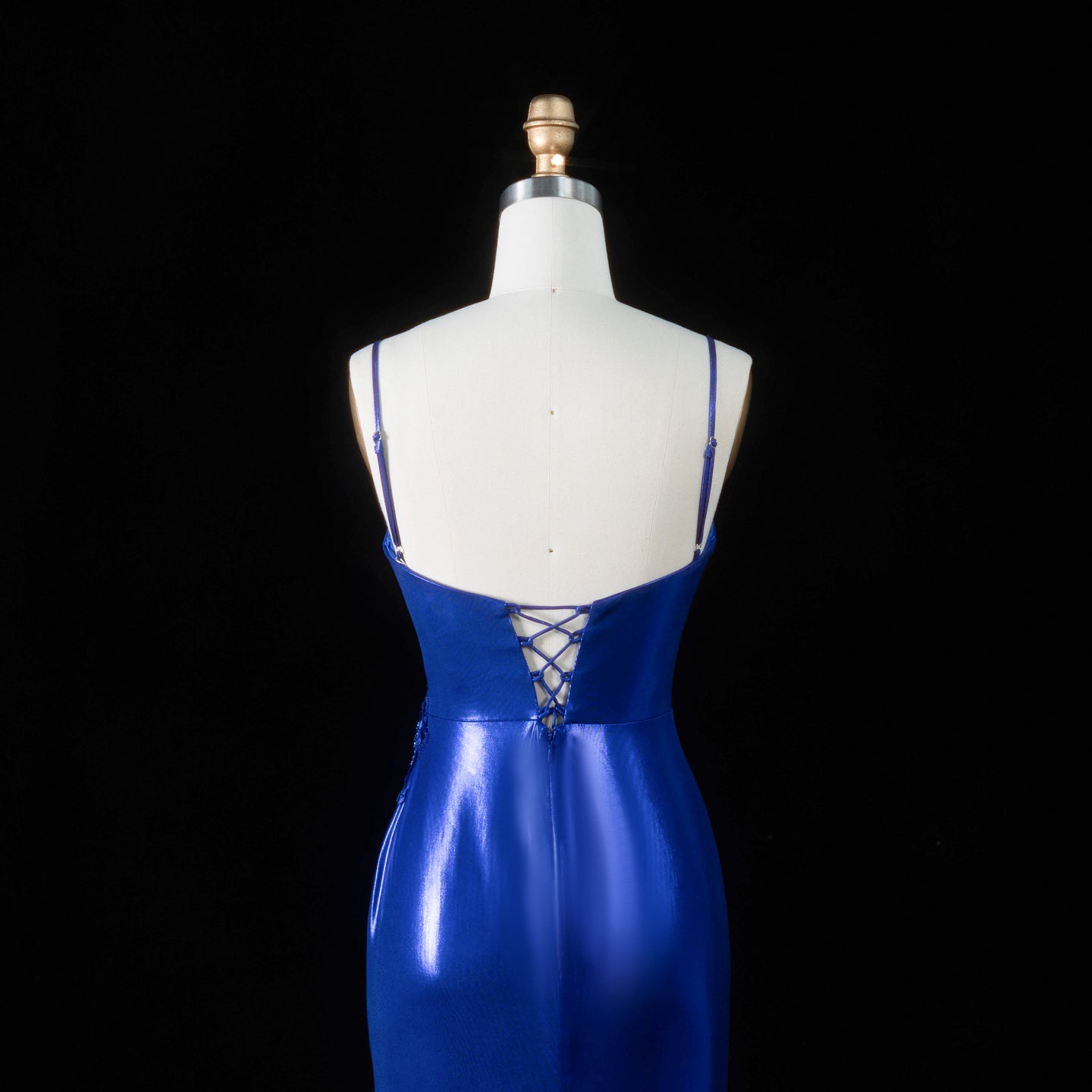 Glamorous Royal Blue Thin Spaghetti Strap Lace Up Back Ruched Train Prom Dress SH196 Sheer Fairy