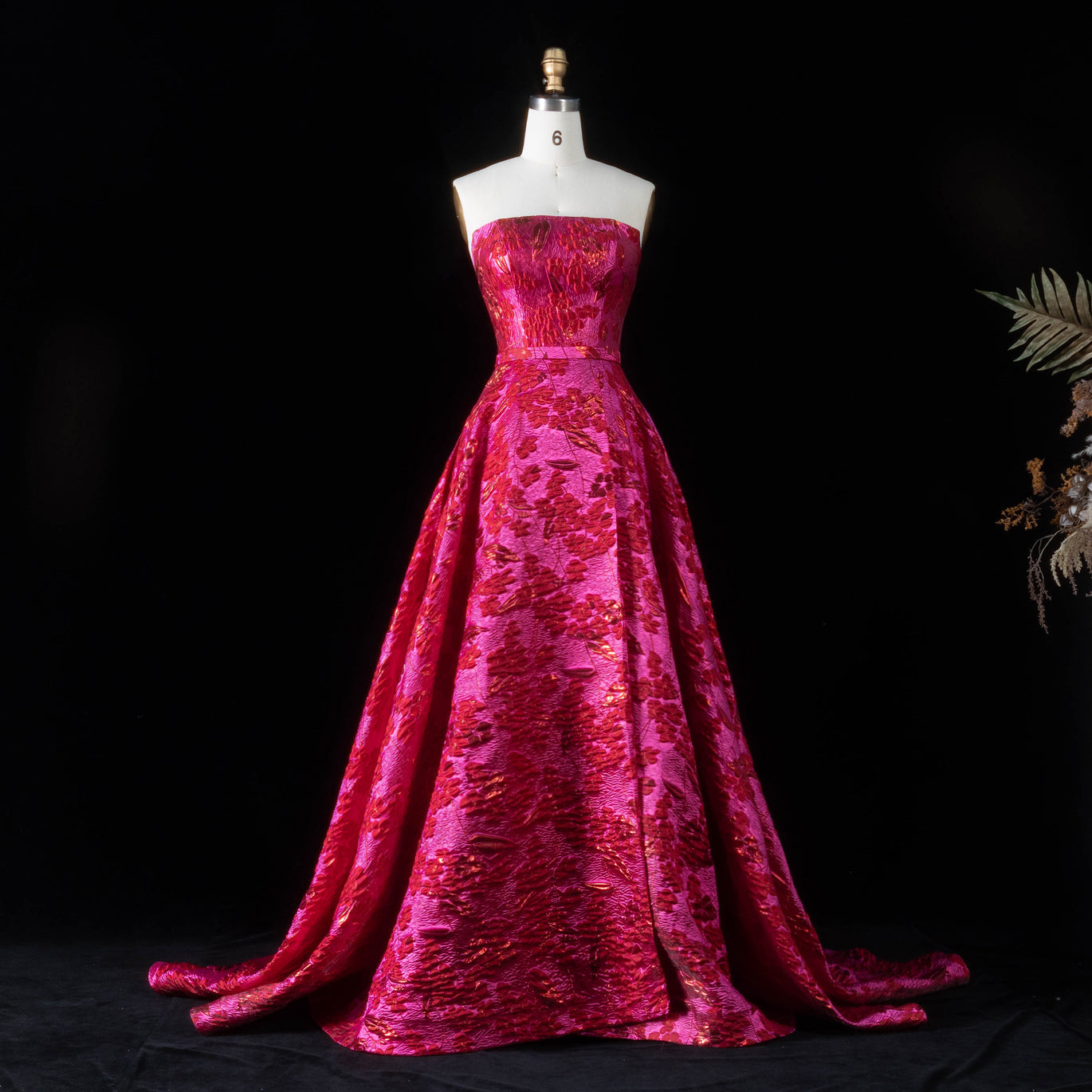 Luxury Fuchsia Metallic Leaf Pattern Strapless A-Line Prom Dress SH180 Sheer Fairy