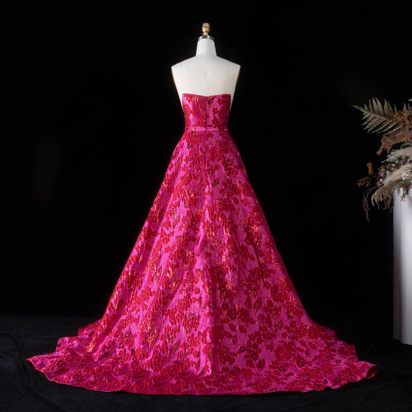 Luxury Fuchsia Metallic Leaf Pattern Strapless A-Line Prom Dress SH180 Sheer Fairy