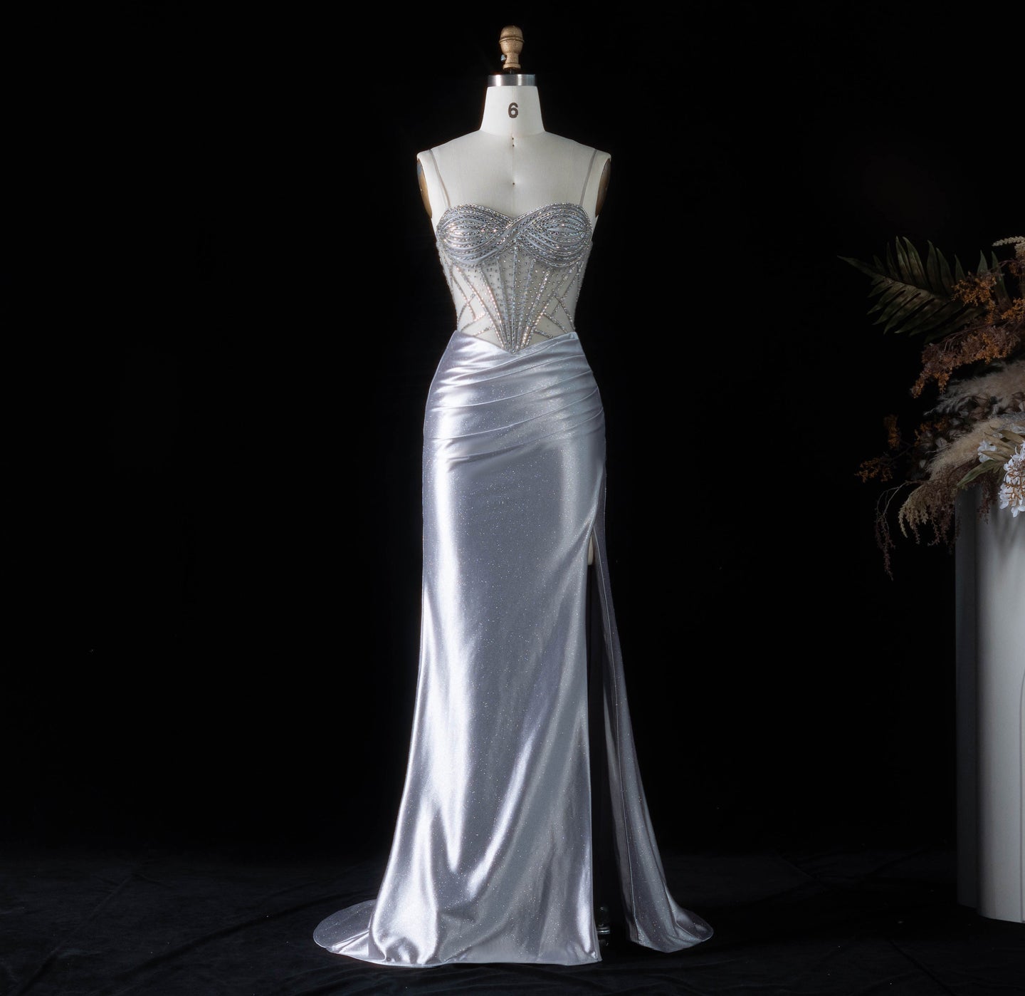 Glamorous Gray Sheer Mesh Rhinestone Lace Up Back Train Prom Dress SH198 Sheer Fairy