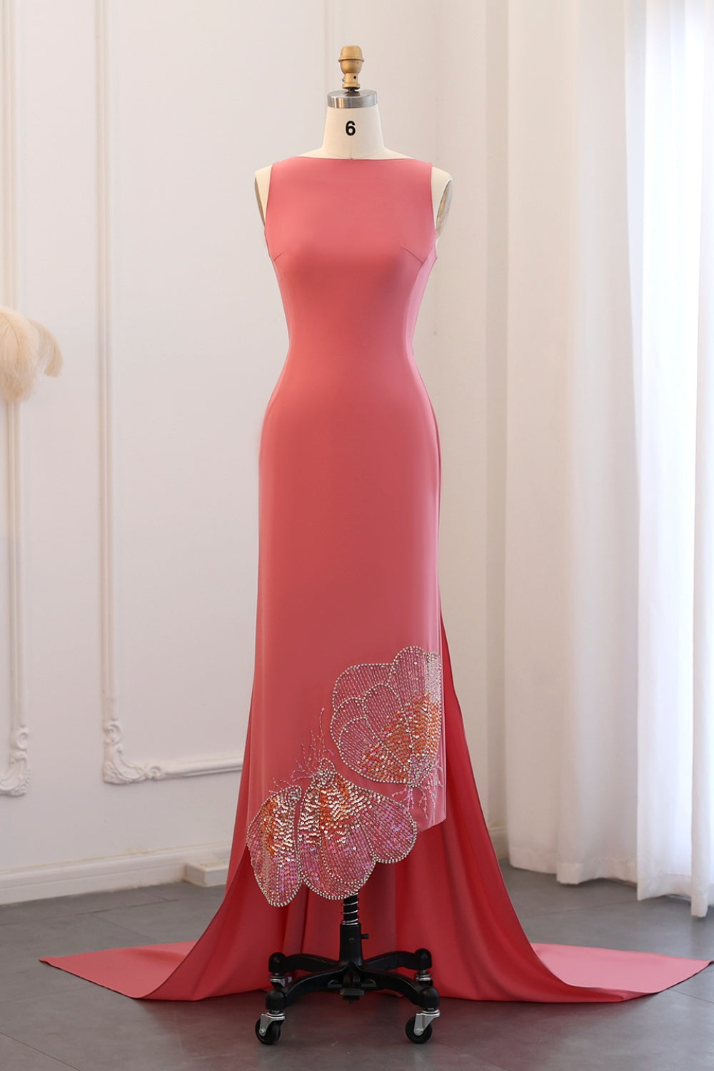 Elegant Coral Pink Butterfly Beaded Evening Dress SS471 Sheer Fairy