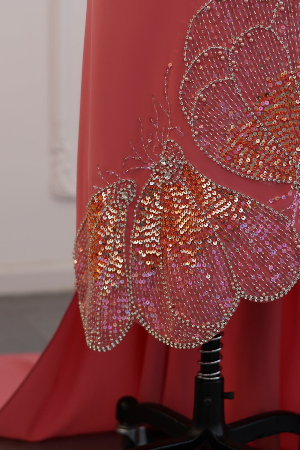 Elegant Coral Pink Butterfly Beaded Evening Dress SS471 Sheer Fairy