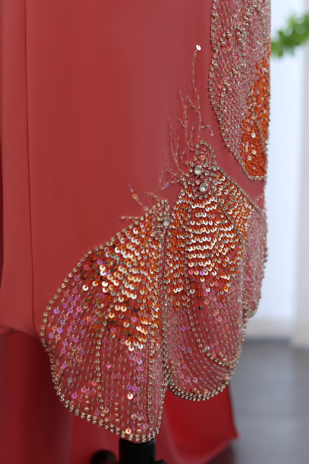 Elegant Coral Pink Butterfly Beaded Evening Dress SS471 Sheer Fairy