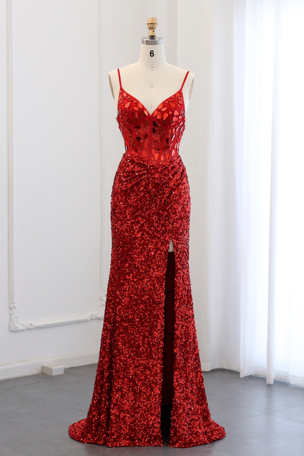 Crimson Red Sequin Sweetheart Mermaid Prom Dress SH307 Sheer Fairy