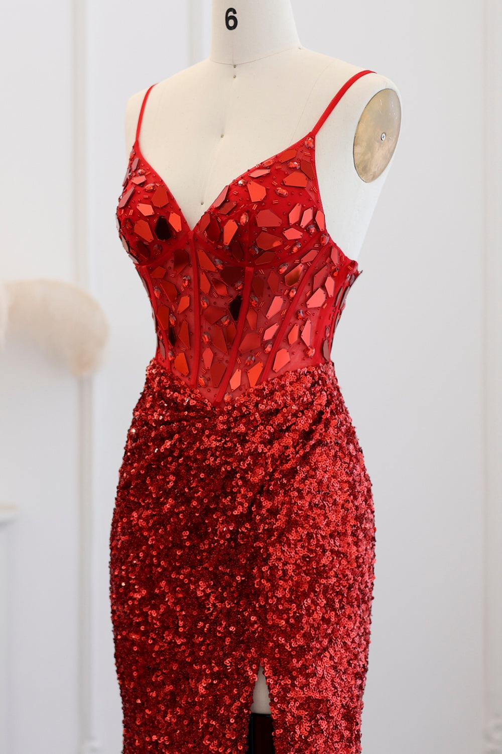 Crimson Red Sequin Sweetheart Mermaid Prom Dress SH307 Sheer Fairy