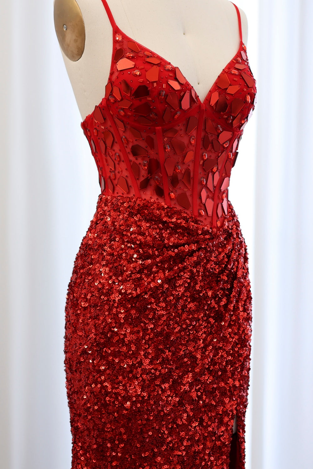 Crimson Red Sequin Sweetheart Mermaid Prom Dress SH307 Sheer Fairy
