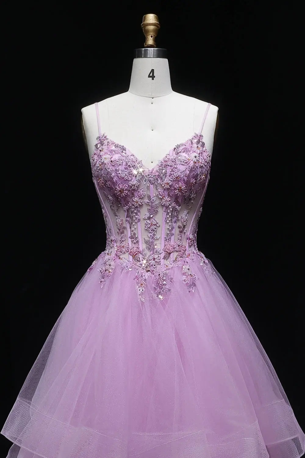 Luxury Pink Beaded Plunging V-Neck Tiered Prom Dress SH104 Sheer Fairy