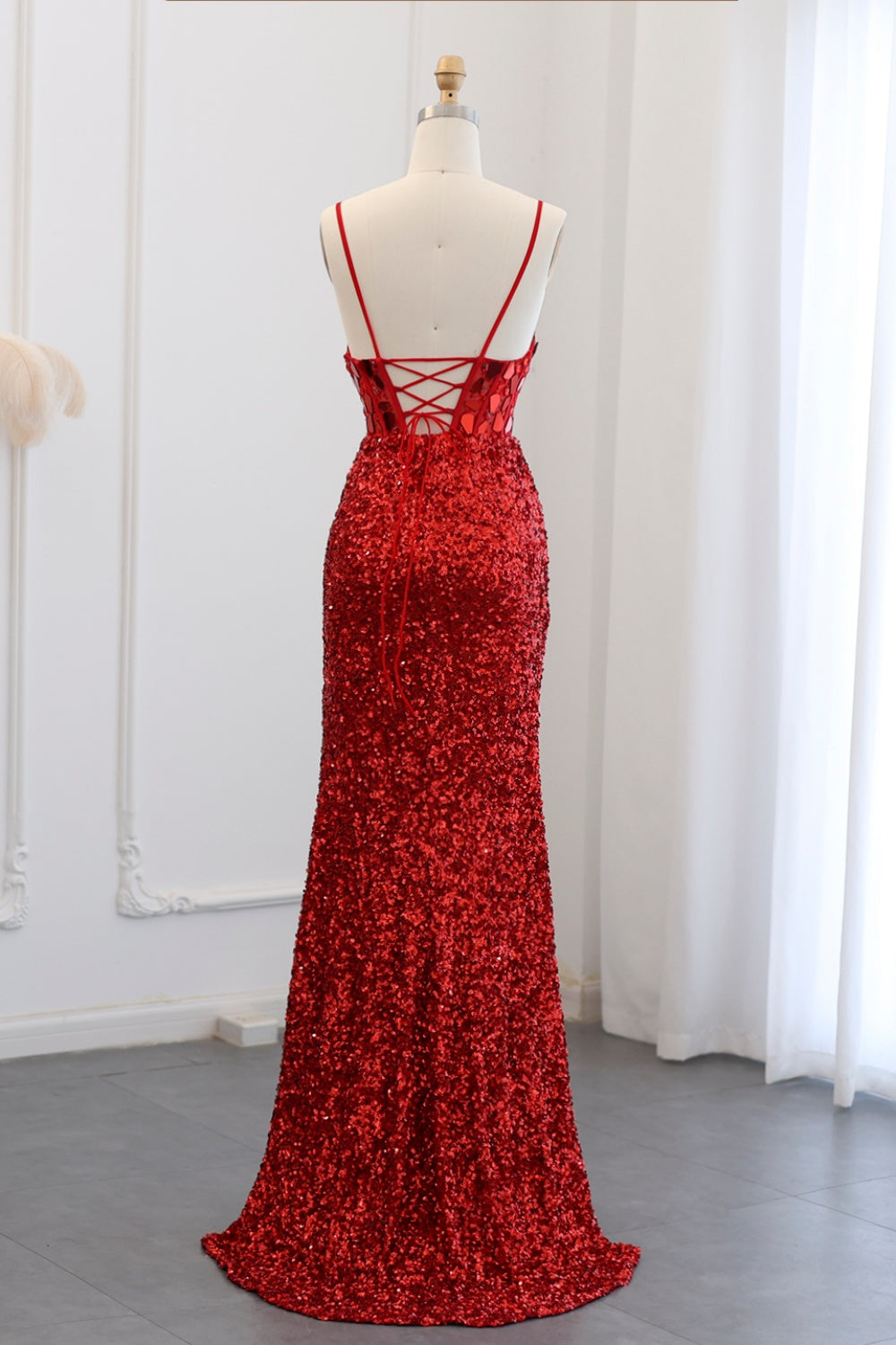 Crimson Red Sequin Sweetheart Mermaid Prom Dress SH307 Sheer Fairy