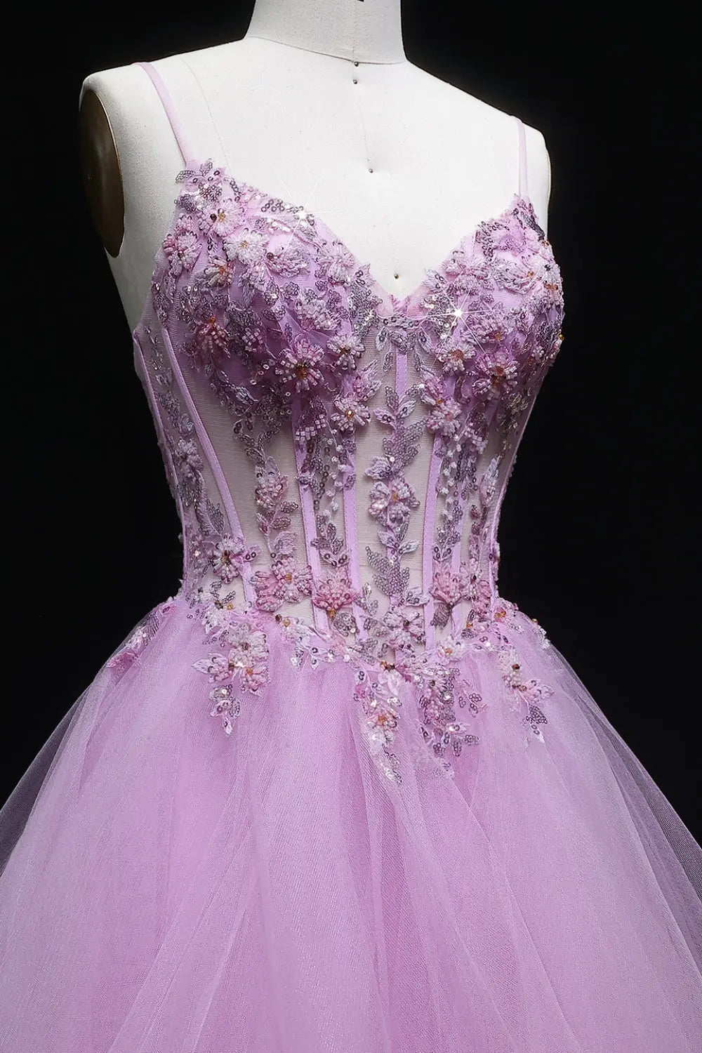 Luxury Pink Beaded Plunging V-Neck Tiered Prom Dress SH104 Sheer Fairy