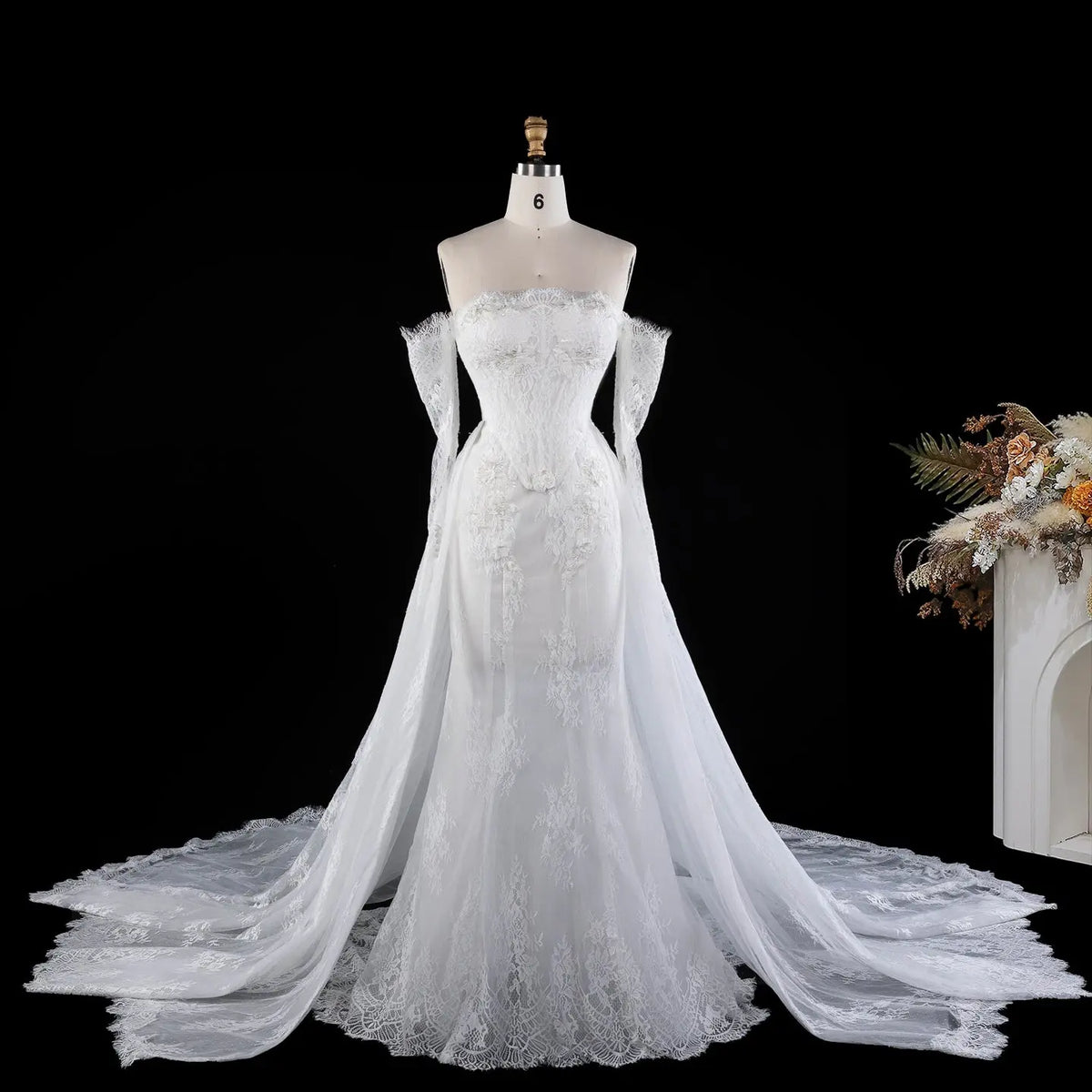 White Strapless Boned Corset Mermaid Wedding Gown with Long Train SW671 Sheer Fairy