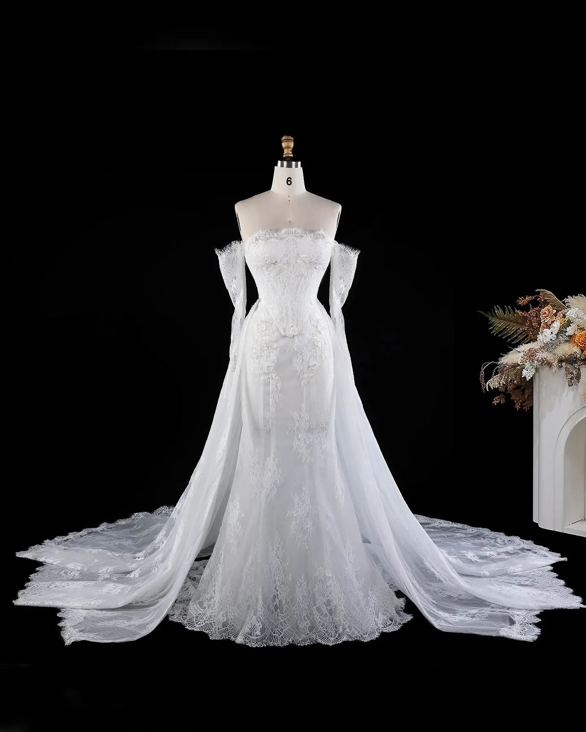 White Strapless Boned Corset Mermaid Wedding Gown with Long Train SW671 Sheer Fairy