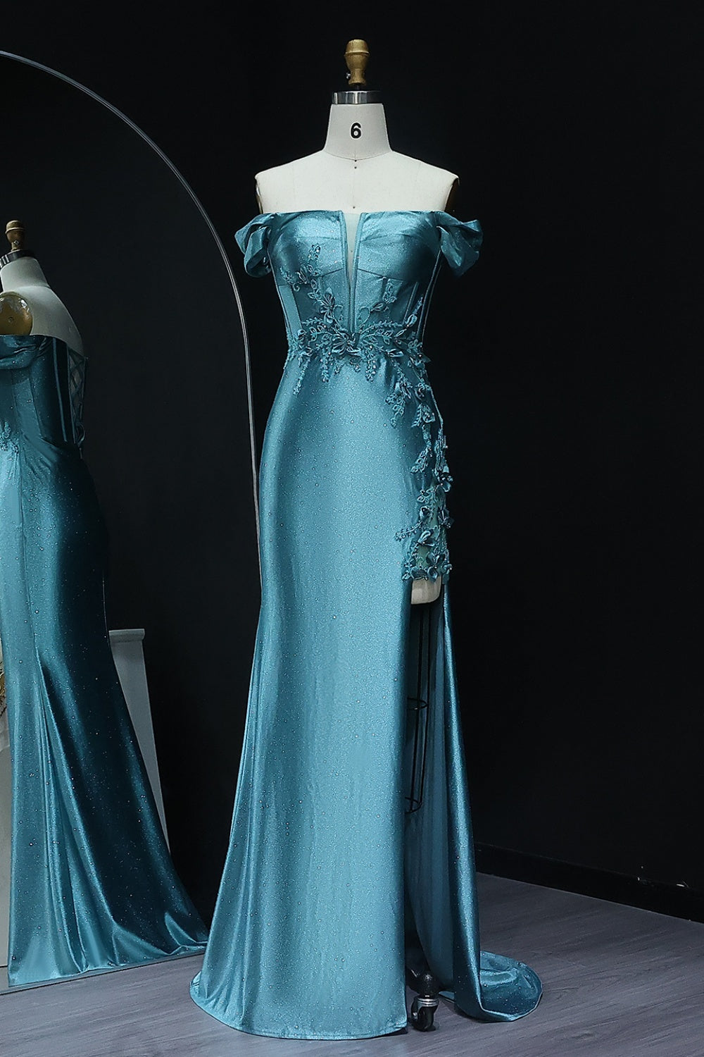 Teal Satin Off-the-Shoulder Mermaid Prom Dress with 3D Floral SH511 Sheer Fairy