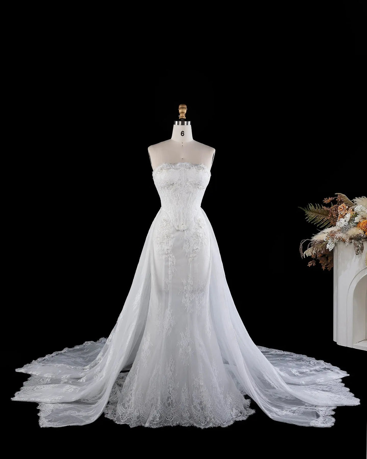 White Strapless Boned Corset Mermaid Wedding Gown with Long Train SW671 Sheer Fairy