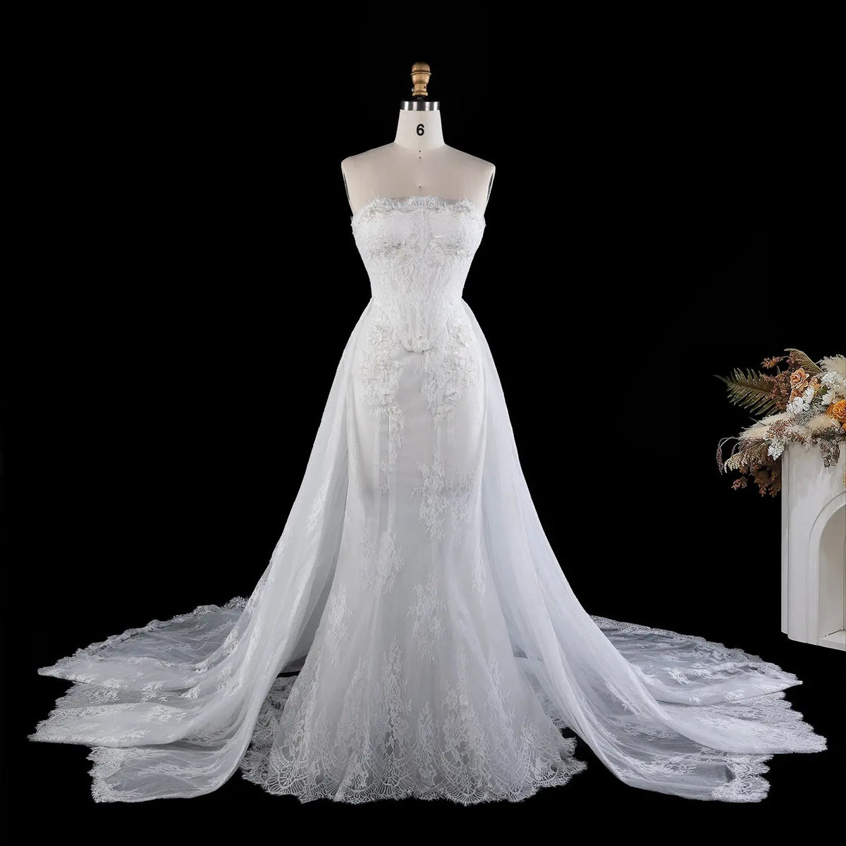 White Strapless Boned Corset Mermaid Wedding Gown with Long Train SW671 Sheer Fairy