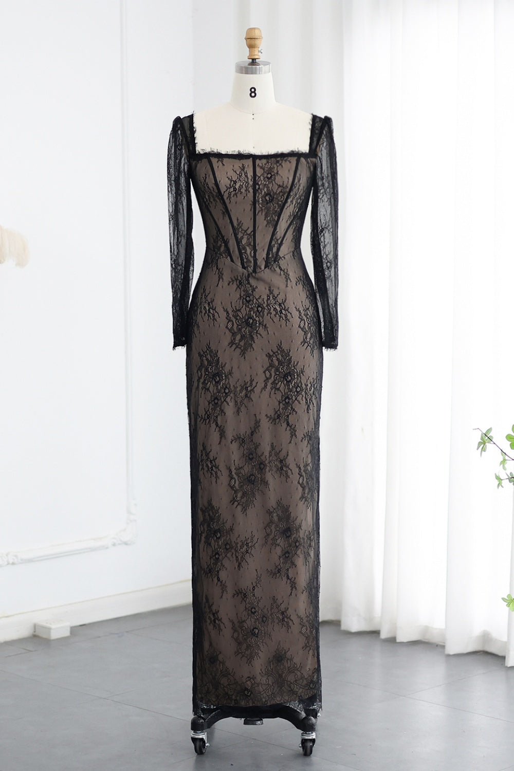Elegant Black Lace Long Sleeves Sheath Evening Dress SF038 Sheer Fairy