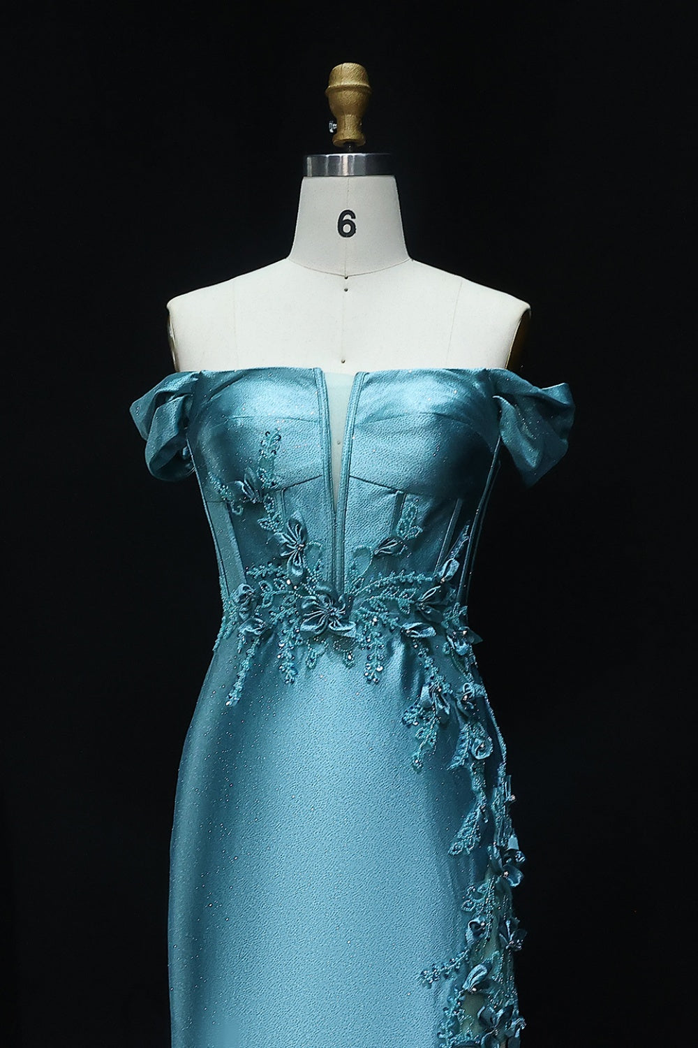 Teal Satin Off-the-Shoulder Mermaid Prom Dress with 3D Floral SH511 Sheer Fairy