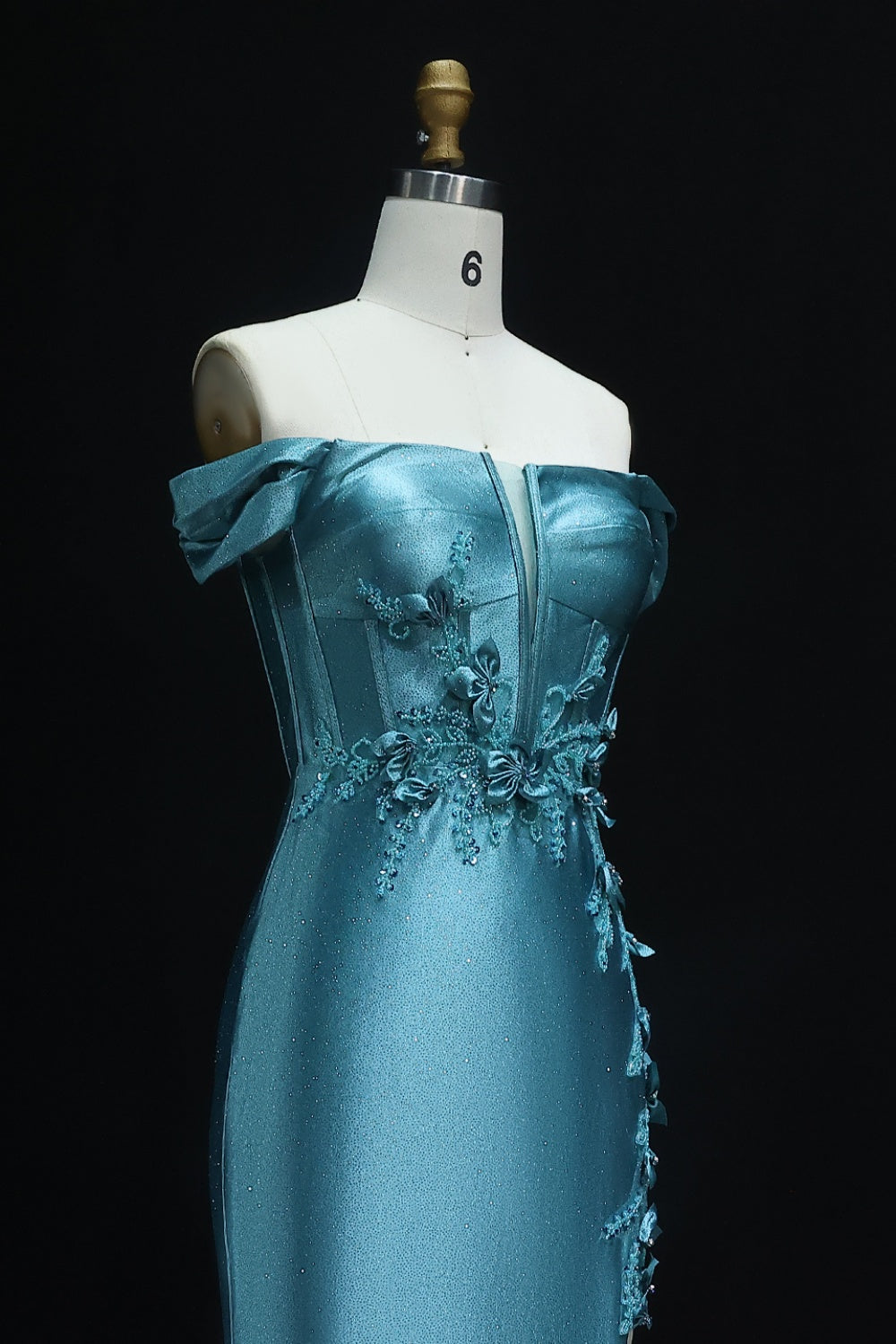 Teal Satin Off-the-Shoulder Mermaid Prom Dress with 3D Floral SH511 Sheer Fairy