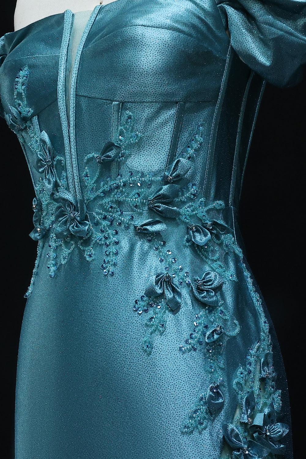 Teal Satin Off-the-Shoulder Mermaid Prom Dress with 3D Floral SH511 Sheer Fairy