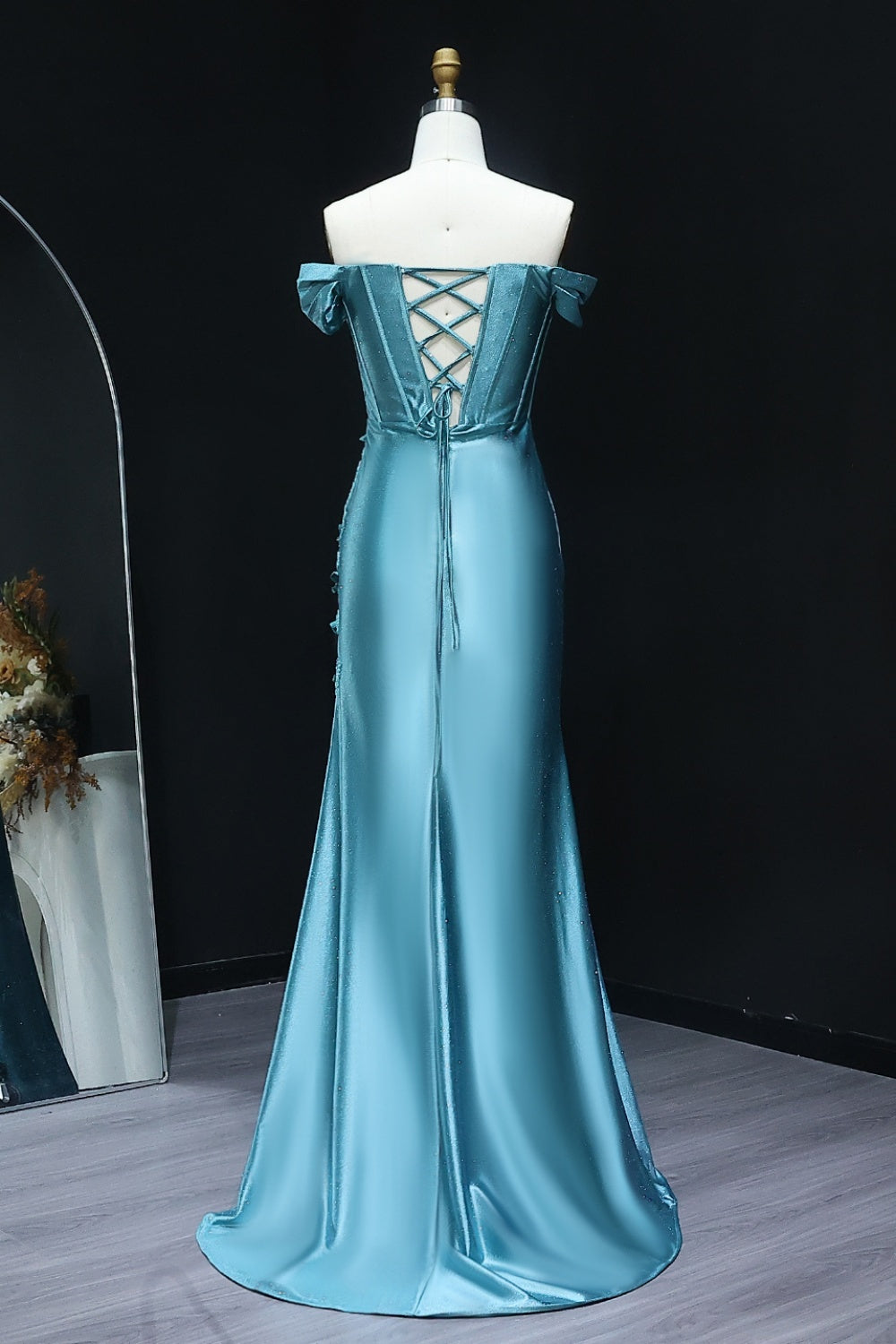 Teal Satin Off-the-Shoulder Mermaid Prom Dress with 3D Floral SH511 Sheer Fairy
