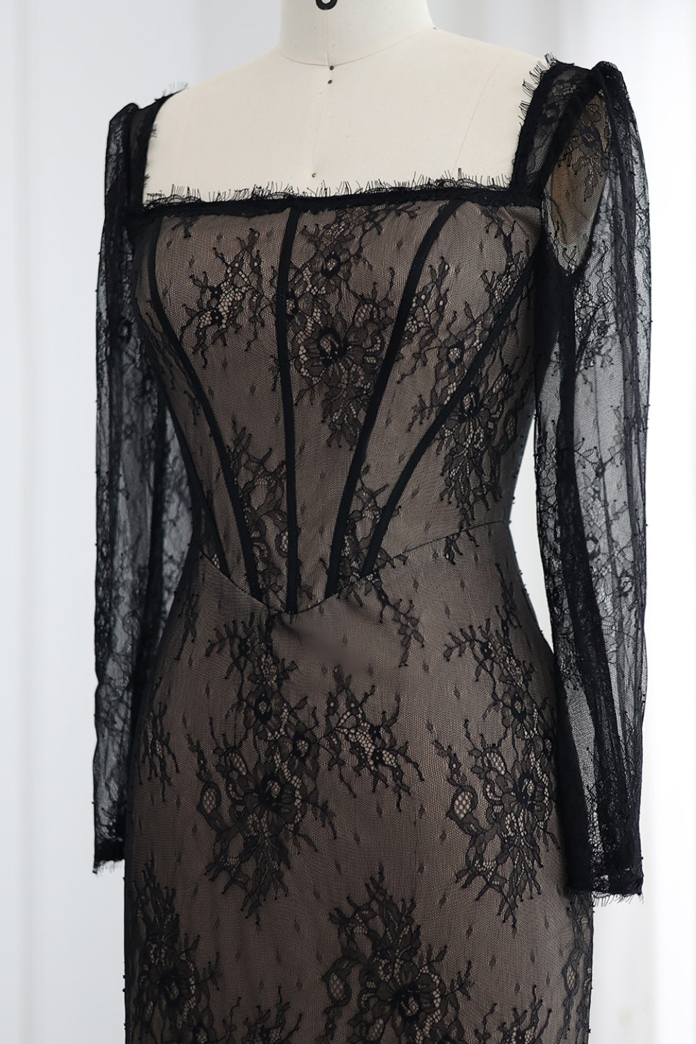 Elegant Black Lace Long Sleeves Sheath Evening Dress SF038 Sheer Fairy