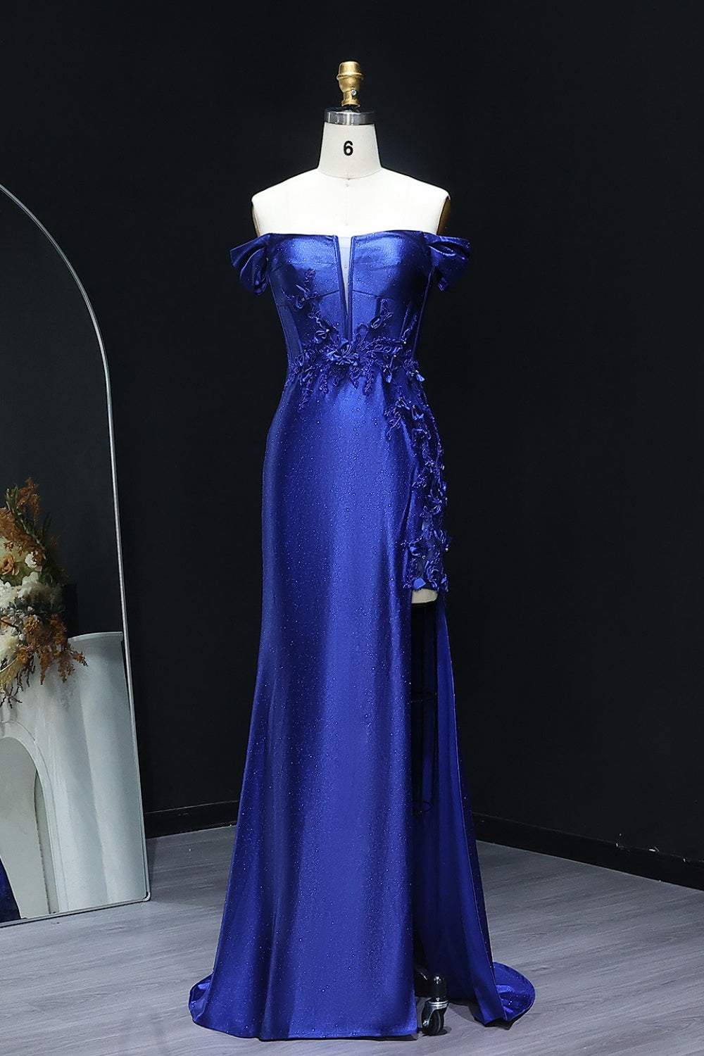 Teal Satin Off-the-Shoulder Mermaid Prom Dress with 3D Floral SH511 Sheer Fairy