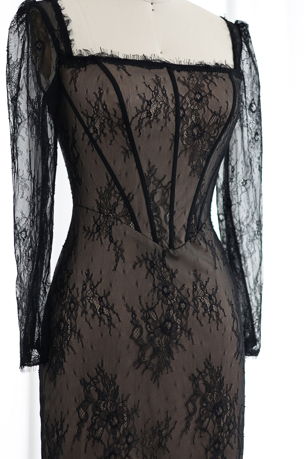 Elegant Black Lace Long Sleeves Sheath Evening Dress SF038 Sheer Fairy