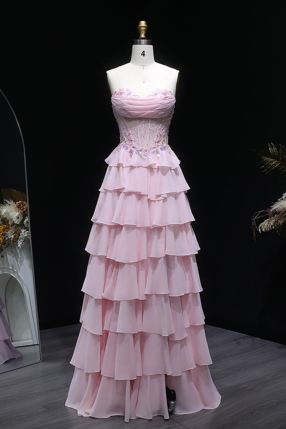 Blush Chiffon Strapless Tiered Ruffled A-Line Prom Dress SH138 Sheer Fairy