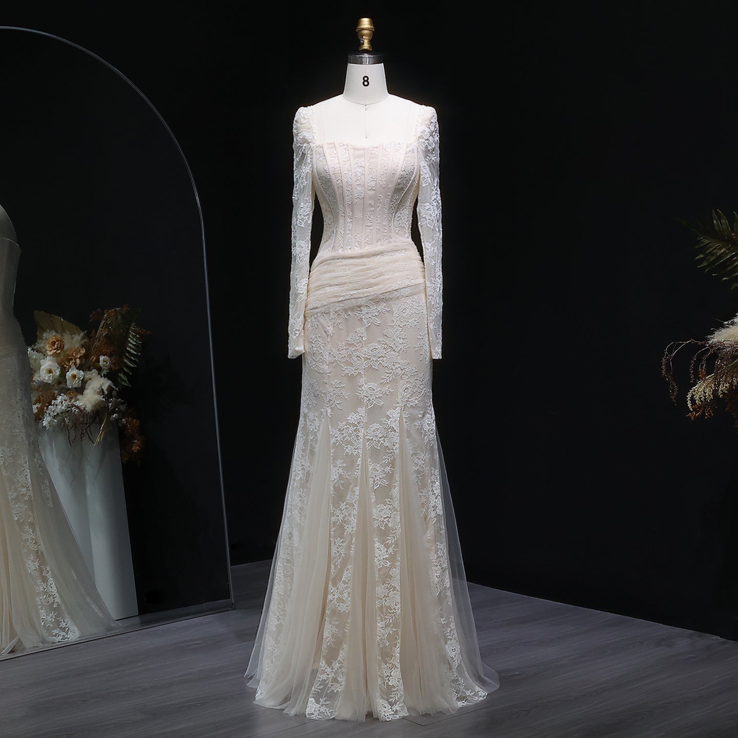 Elegant Lace Square Neck Mermaid Long Sleeves Evening Dress SF252