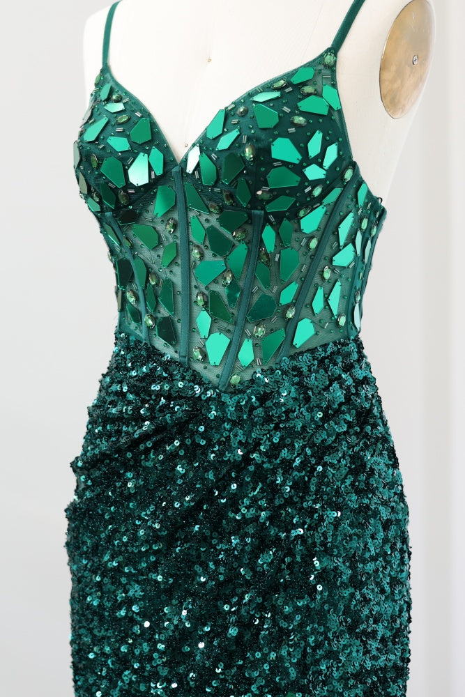 Emerald Green Sequin Sheath Lace-Up Homecoming Dress RM118 Sheer Fairy