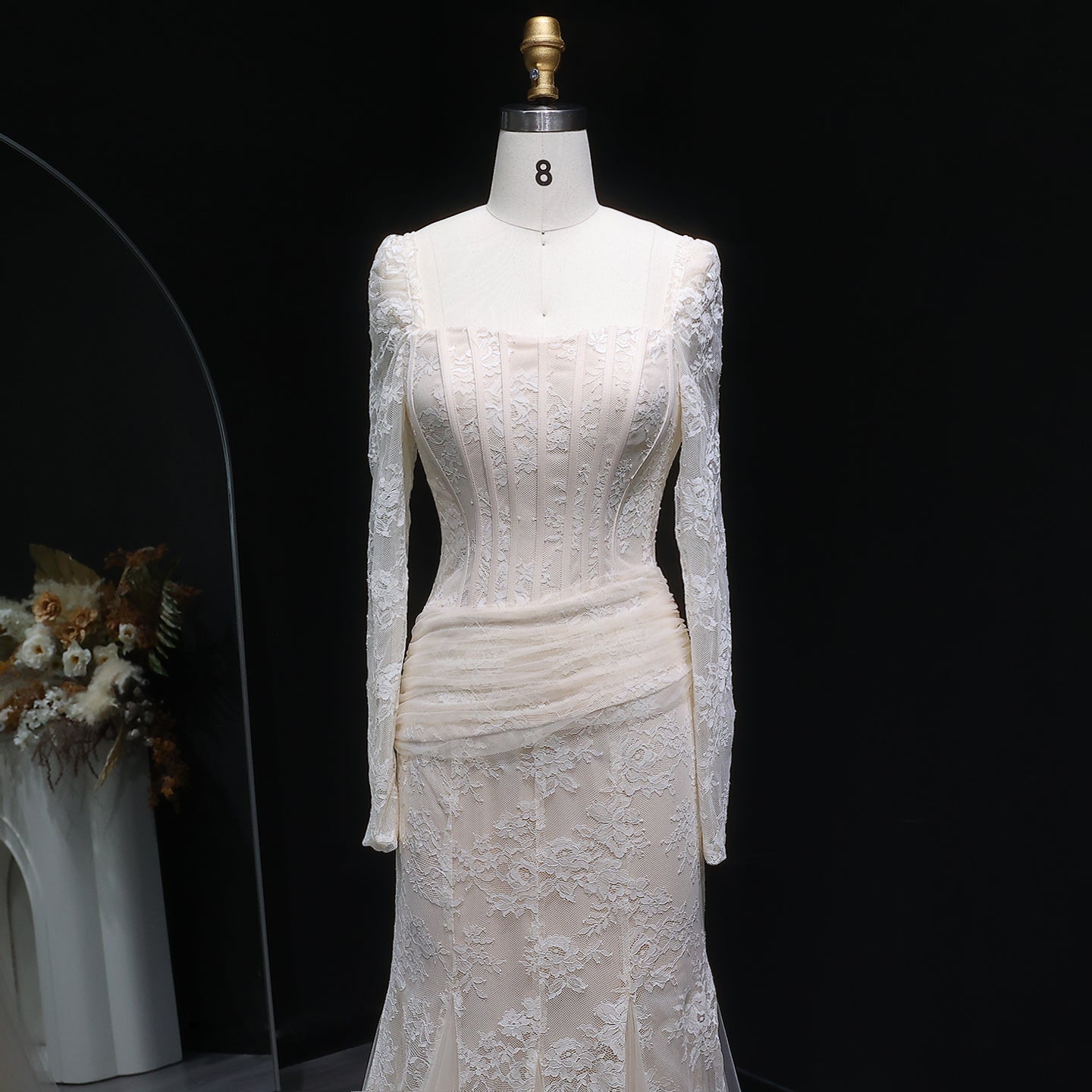 Elegant Lace Square Neck Mermaid Long Sleeves Evening Dress SF252