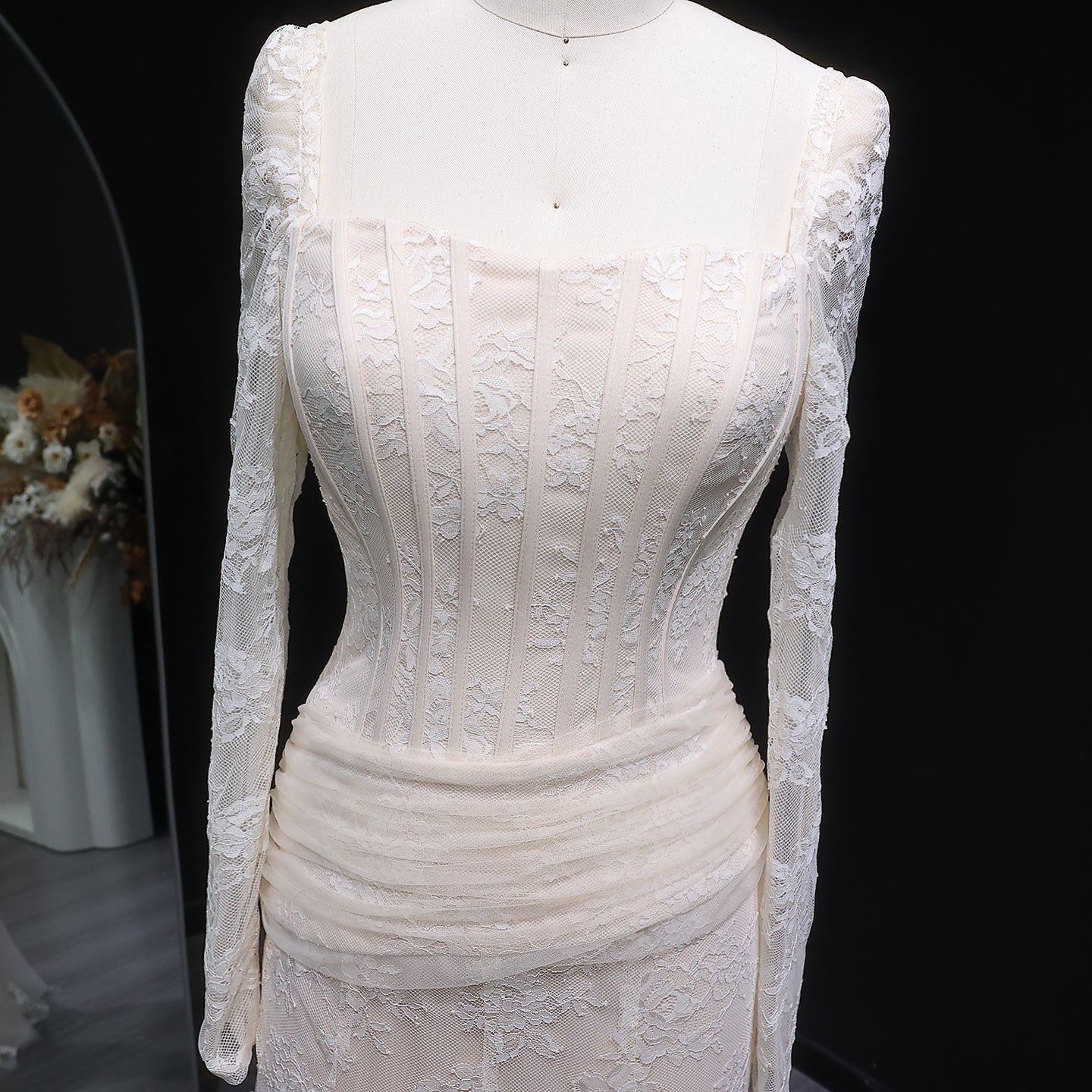 Elegant Lace Square Neck Mermaid Long Sleeves Evening Dress SF252