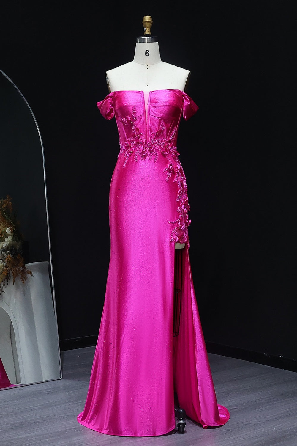 Teal Satin Off-the-Shoulder Mermaid Prom Dress with 3D Floral SH511 Sheer Fairy