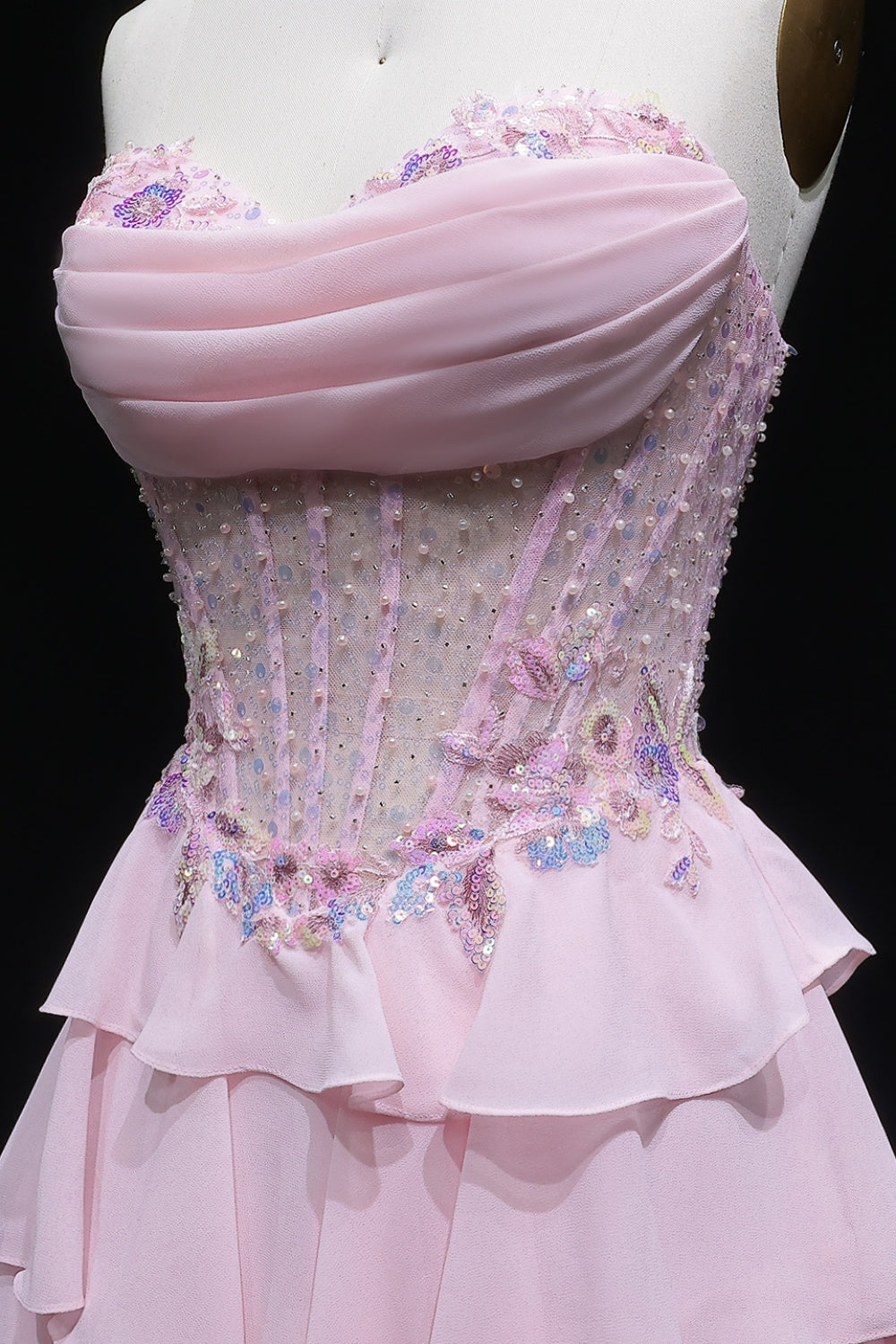 Blush Chiffon Strapless Tiered Ruffled A-Line Prom Dress SH138 Sheer Fairy