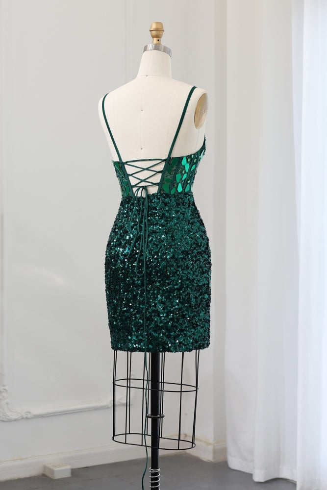 Emerald Green Sequin Sheath Lace-Up Homecoming Dress RM118 Sheer Fairy